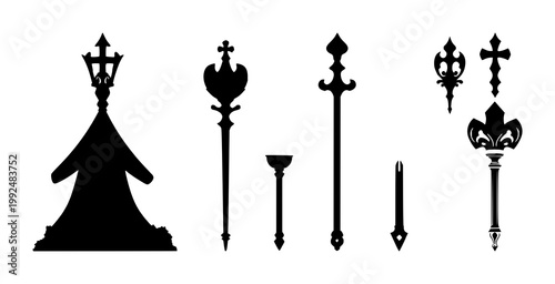 Scepter set with high contrast black silhouette against pure white background featuring monarchy, regalia, royal symbol with line art and minimalist
