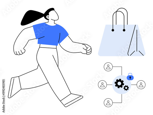Online shopping, cybersecurity, consumer protection, digital transactions, market trends, secure connections. Person walking next to a shopping bag and a cybersecurity diagram. Online shopping