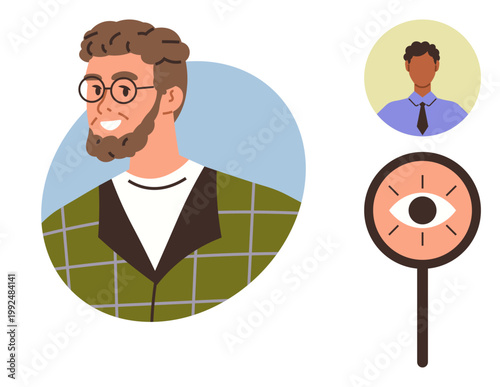 Identity verification, cybersecurity, digital profiles, modern technology, authentication, personal branding. Male avatars with a focus on a magnifying glass with an eye. Identity verification