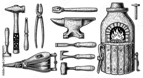 Blacksmith Tools and Forge Illustration - Vintage Hand Drawn Style
