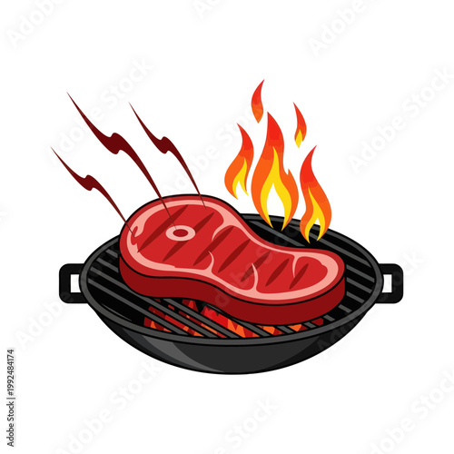 Beef steak grilling on barbecue with flames and steam, isolated on white background