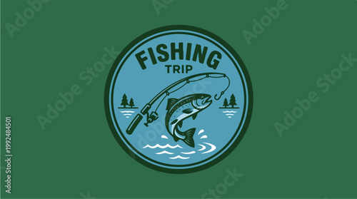 Fishing Trip Emblem with Jumping Fish and Rod.
