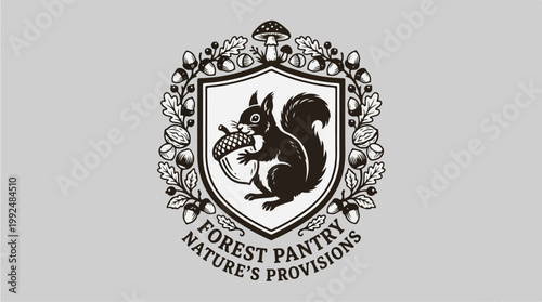 Forest Pantry Nature Provisions Squirrel Acorn Emblem Logo Design Vintage Style.