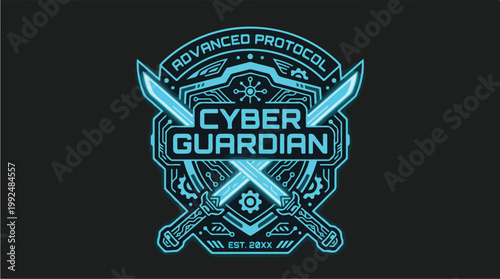 Futuristic Cyber Guardian Emblem with Advanced Protocol and Crossed Swords.