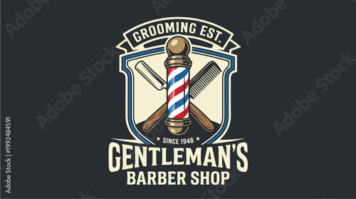 Gentlemans Barber Shop Vintage Emblem with Barber Pole and Tools.