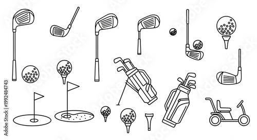 Collection of Golf Equipment and Accessories Hand Drawn Style.