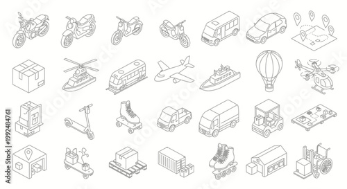 Collection of Isometric Transportation and Logistics Icons.