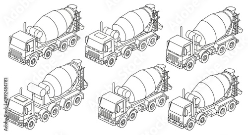 Set of Six Concrete Mixer Trucks in Isometric View.