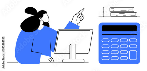 Education, office work, productivity, financial planning, organization, calculation tasks. A woman pointing while using a computer beside a calculator and books. Education and office work concept