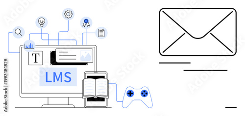 E-learning, digital education, online messaging, communication tools, gamification, remote learning. Visual of a computer screen, book game controller and envelope icon. E-learning and digital