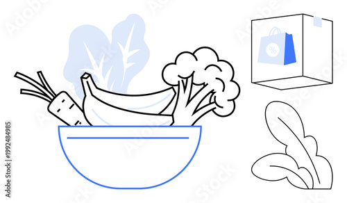 Healthy eating, grocery delivery, sustainability, organic produce, nutrition, farm-to-table. Bowl of bananas, broccoli carrots and greens next to a shopping box. Healthy eating and grocery delivery