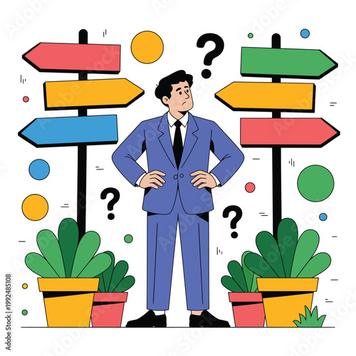 Businessman stands before multiple directional signs while pondering a career change.