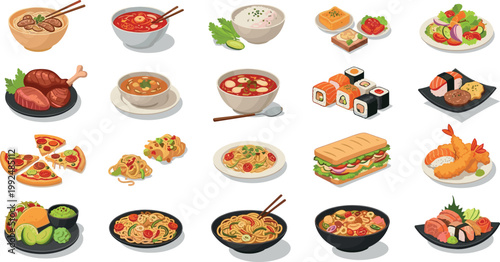 International food dishes collection set with sushi pizza pasta ramen sandwich and meals vector illustration isolated design elements