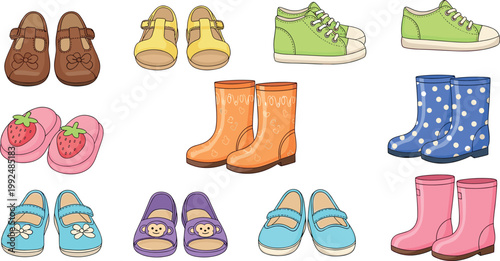 Kids footwear vector collection with cute shoes sandals sneakers and rain boots colorful children illustration set