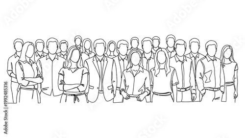 Continuous line art illustration of a large diverse group of people standing together.