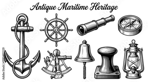 Antique Maritime Heritage Collection of Vintage Nautical Illustrations Including Anchor, Ship Wheel, Compass, and Lantern in Classic Engraved Style