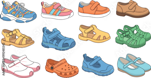 Kids shoes vector collection with sneakers sandals clogs and casual footwear colorful children illustration set