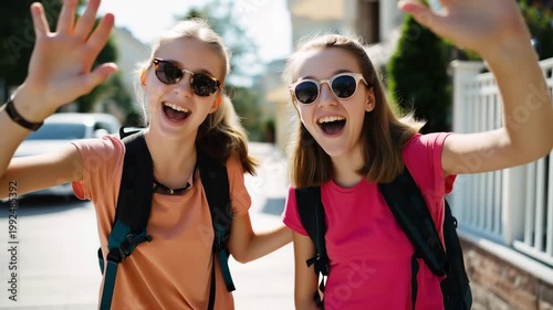 Cheerful female friends making smartphone selfie outdoors, sunny urban background, modern lifestyle, friendship, youth culture, social networking, happiness and carefree weekend mood with copy space