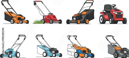 Lawn mower set with different types of grass cutting machines, hand drawn gardening equipment illustration isolated on white background