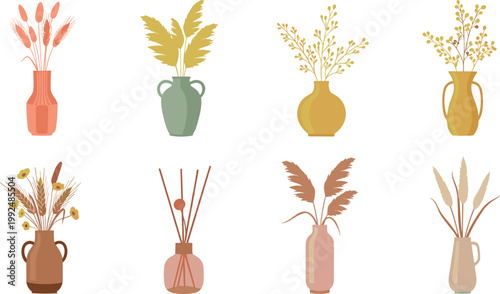 Minimalist decorative vases with dried flowers set, modern boho home decor illustration isolated on white background in soft earthy tones