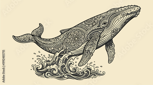 Intricate Humpback Whale Illustration Leaping from Stylized Waves.