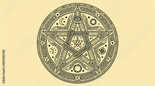Intricate Pentagram Symbol with Mystical Details on a Light Background.
