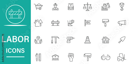 Labor and construction icons representing various professions and tools used in skilled trades and manual work industries