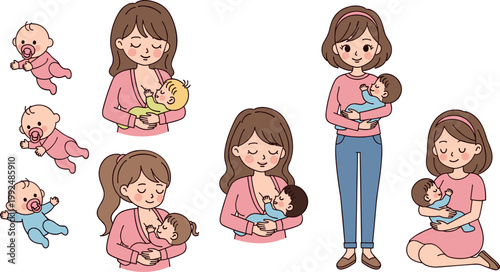 Mother and baby vector collection with breastfeeding holding and newborn care cute parenting illustration set