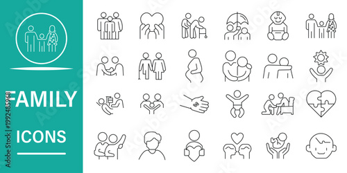 Comprehensive Vector Line Icon Set Depicting Family Dynamics, Human Relationships, Parental Care, Community Support, and Emotional Bonds for Modern Graphic Design Projects