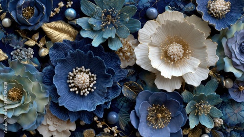 An abstract explosion of various porcelain flowers, gold leaves, and pearls. Deep indigo velvet background. Luxurious 3D sculptural relief