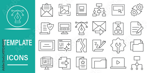 Collection of graphic design and business-related vector line art icons, featuring tools, documents, and user interface elements for digital projects and presentations