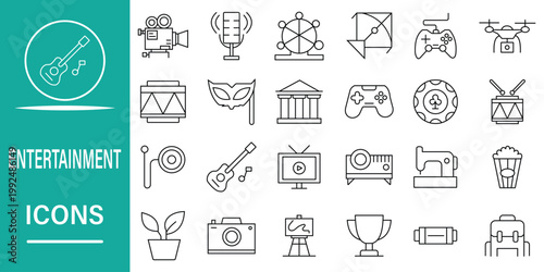 Set of entertainment and leisure icons, including musical instruments, cameras, cinema, sports, and creative hobbies, representing fun activities and diverse interests