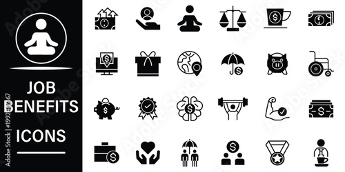 Job Benefits Icons Collection Representing Financial, Health, and Well-being Perks for Employees