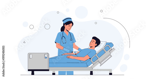 Nurse caring for patient in hospital bed, medical check-up illustration