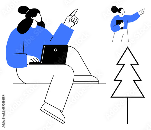 Remote work, nature inspiration, digital communication, workspace ideas, modern technology, design concepts. Woman typing on laptop and pointing towards a tree. Remote work and nature inspiration