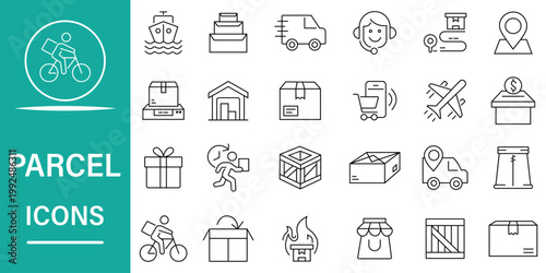 Comprehensive Outline Icon Set for Parcel Delivery and Logistics Modern Concepts for E-commerce, Shipping, and Global Distribution Services