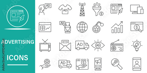 Comprehensive collection of modern outline icons representing various facets of advertising, digital marketing, and business promotion strategies for creative projects and campaigns