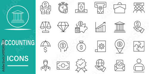 Modern collection of outline vector icons for accounting, finance, banking, and business management. Essential line art symbols for web, apps, and professional infographics