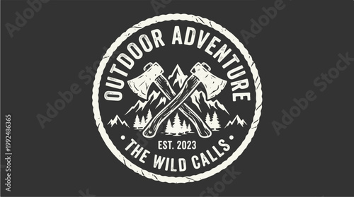 Outdoor Adventure Emblem With Crossed Axes and Mountains.