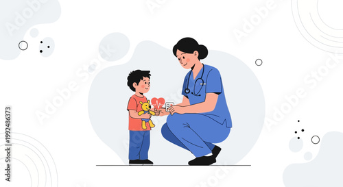 Nurse checking child's health, kid holding teddy bear, medical care concept