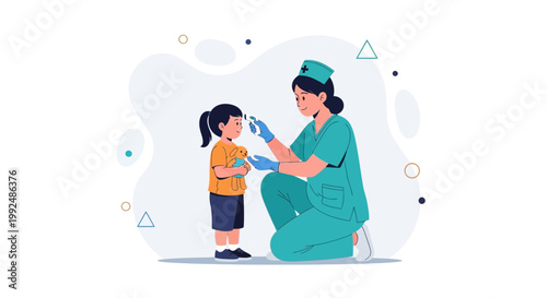 Nurse checking child's temperature with thermometer, healthcare concept illustration
