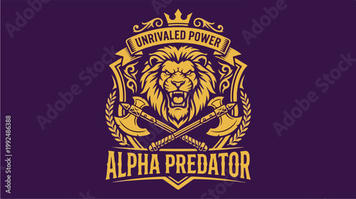 Powerful Alpha Predator Lion Emblem with Crossed Axes and Crown.