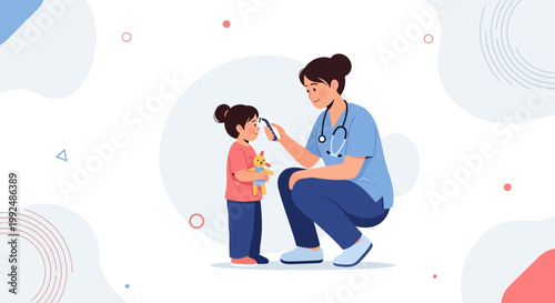Nurse checking child's temperature with thermometer, healthcare concept