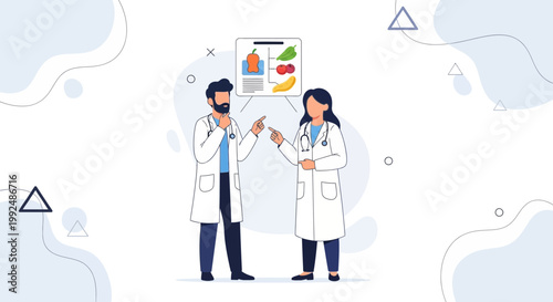 Doctors Discussing Healthy Diet Plan with Fruits and Vegetables Chart