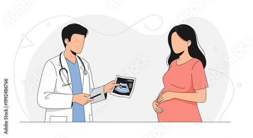 Doctor showing ultrasound scan to pregnant woman, medical consultation, healthcare concept