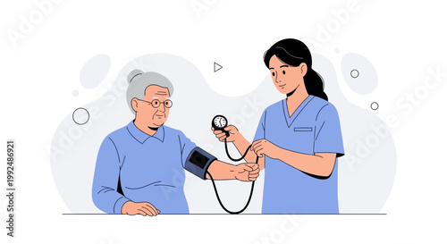 Nurse checking elderly woman's blood pressure, healthcare concept illustration