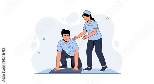 Physical therapist assisting patient with rehabilitation exercise on mat