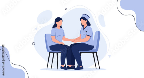 Nurse comforting patient sitting on chairs, medical consultation, healthcare support, empathy