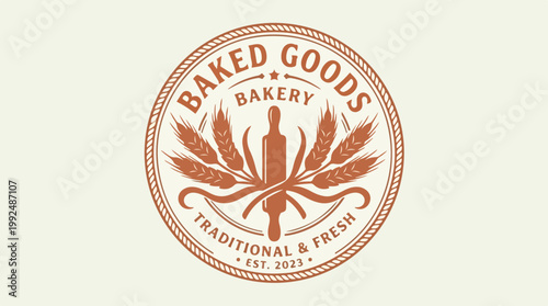 Vintage Bakery Logo with Wheat and Rolling Pin.