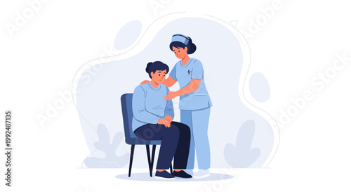 Nurse comforting patient sitting on chair, healthcare support, empathy, medical care concept